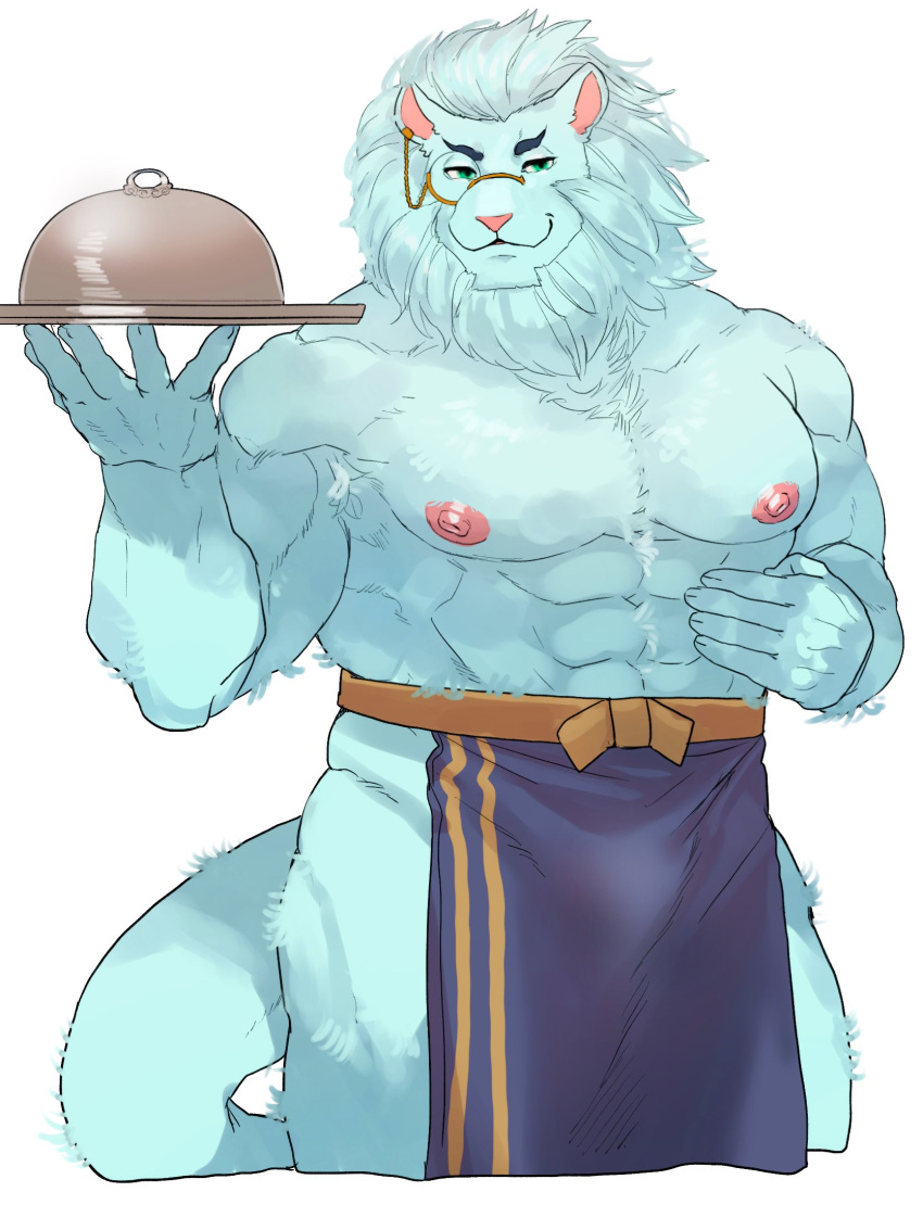 abs anthro apron apron_only armpit_hair body_hair clothing eyewear felid hi_res ituduki_aaa lifewonders lion looking_at_viewer male mammal mane monocle mostly_nude muscular muscular_arms muscular_legs muscular_male navel pantherine pecs serving_tray snow_(tas) solo tokyo_afterschool_summoners video_games