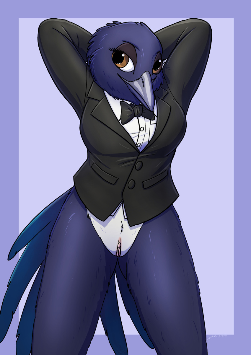 absurd_res anthro avian bird black_tie_(suit) bottomless bottomless_female bow_tie clitoris clothed clothing corvid eurasian_magpie female fish_birb front_view genitals hands_behind_back hi_res holarctic_magpie magpie_(corvid) oscine passerine pinup pose pussy rachel_(fish_birb) solo standing suit