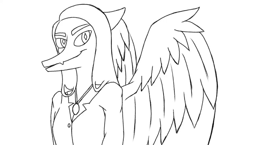 animated anthro clothed clothing crezz_crow dinosaur eye_roll fang_(gvh) feathered_wings feathers female goodbye_volcano_high hair jewelry long_hair long_snout monochrome necklace pterodactylus pterosaur pupils reptile scalie simple_background slit_pupils snoot_game_(fan_game) snout solo video_games white_background wings