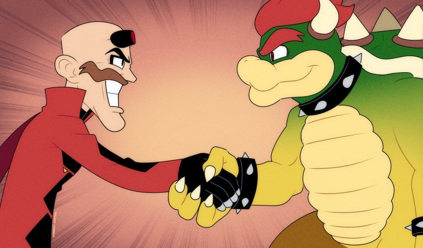 2022 anthro bowser brown_hair claws clothing crossover dr._eggman duo eye_contact facial_hair galaxy_cowboy gesture gloves hair hand_holding handshake handwear hi_res horn human koopa looking_at_another male mammal mario_bros nintendo red_hair scalie sega signature sonic_the_hedgehog_(film) sonic_the_hedgehog_(series) video_games