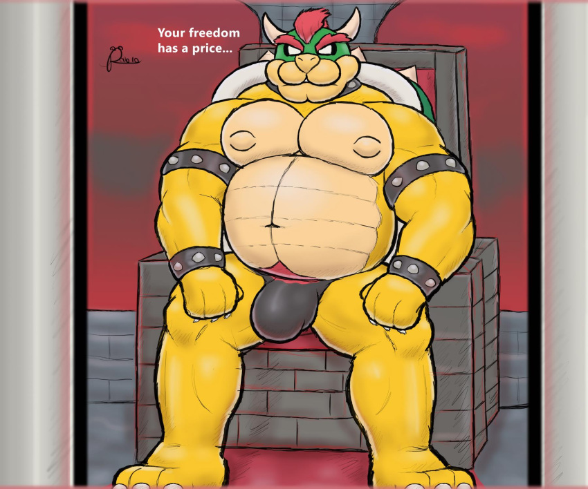 alanottaviano anthro barazoku bdsm belly bowser bulge detailed_bulge fur hi_res koopa male mario_bros musclegut muscular muscular_male nintendo overweight overweight_male scalie solo video_games yellow_body yellow_fur