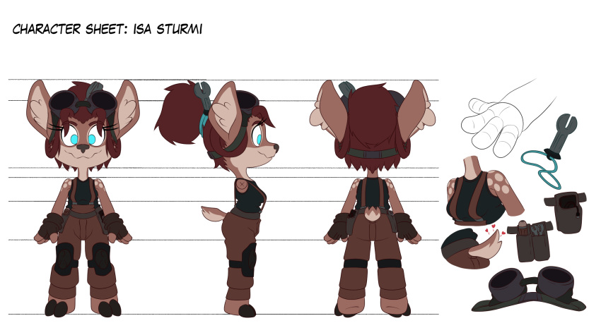 anthro blue_eyes cervid eyewear female floppy_ears goggles hair hi_res hooves isa_sturmi mammal mechanic model_sheet red_hair redesign redesigned short_stack small_tail solo tools toony turkojar