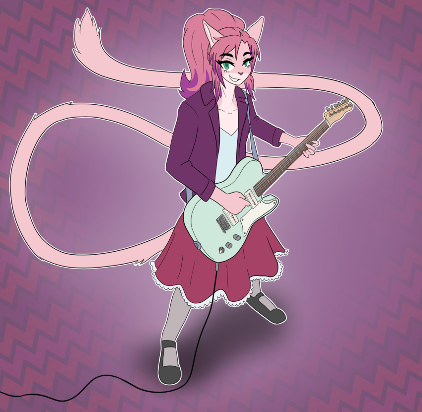 anthro bottomwear clothed clothing domestic_cat felid feline felis female green_eyes guitar hair janie_(jannifer) jannifer long_tail mammal multicolored_hair musical_instrument pink_body pink_hair plucked_string_instrument ponytail skirt smile solo string_instrument teeth telecaster trans_(lore) trans_woman_(lore) two_tone_hair
