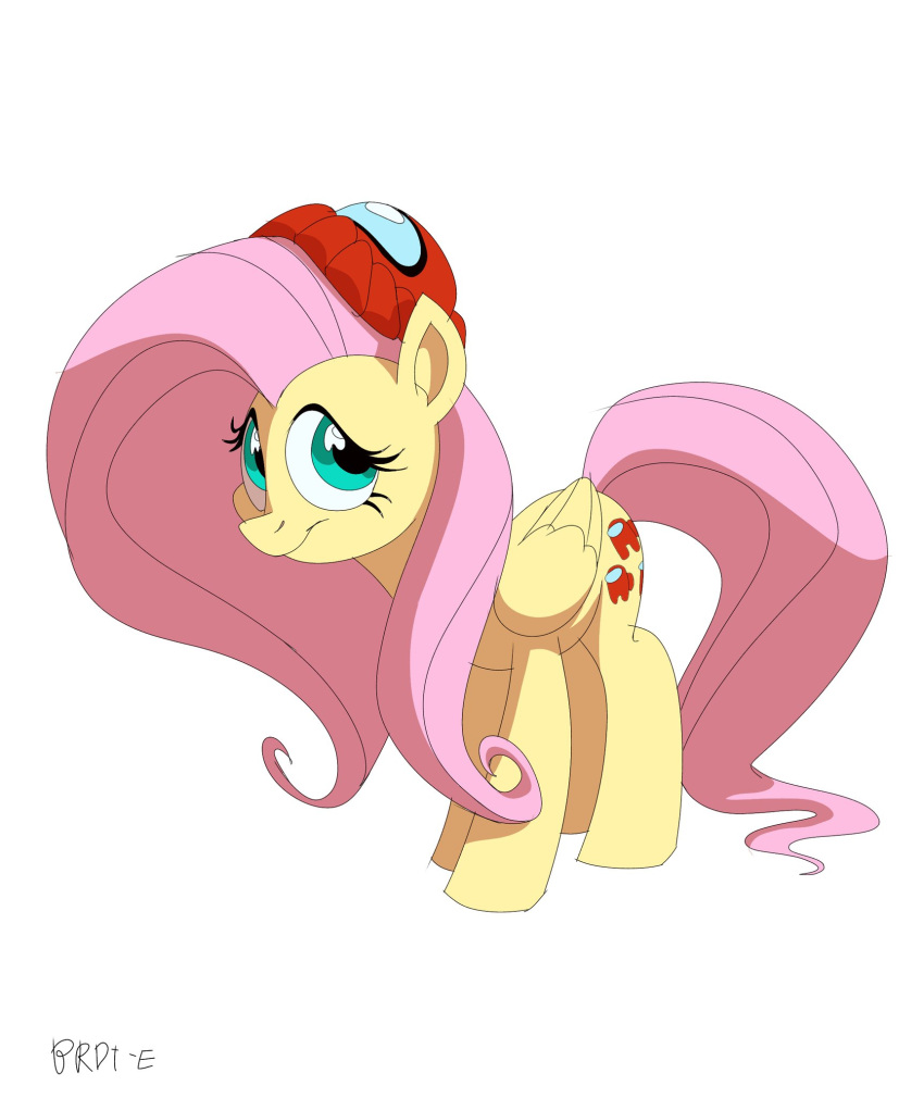 among_us brdte clothing cutie_mark digital_media_(artwork) equid equine eyelashes feathered_wings feathers fluttershy_(mlp) folded_wings friendship_is_magic green_eyes hair hasbro hat headgear headwear hi_res impostor_(among_us) innersloth mammal my_little_pony pegasus pink_hair pink_tail signature simple_background smile video_games white_background wings yellow_body