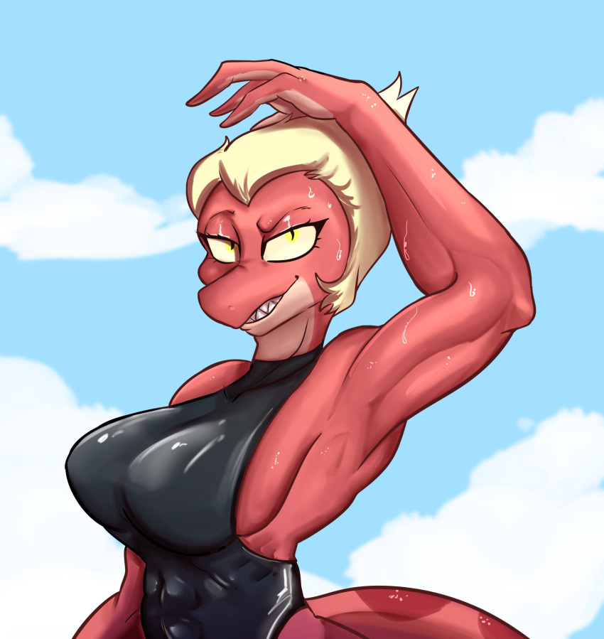 4_fingers abs amphibia_(series) amphibian anthro athletic athletic_anthro athletic_female blonde_hair bodily_fluids breasts clothing disney eyelashes female fingers general_yunan hair hi_res muscular muscular_anthro muscular_female newt pink_body pink_skin pupils salamander_(amphibian) sharp_teeth slit_pupils smile solo spots sweat sweatdrop teeth thedarkzircon yellow_eyes