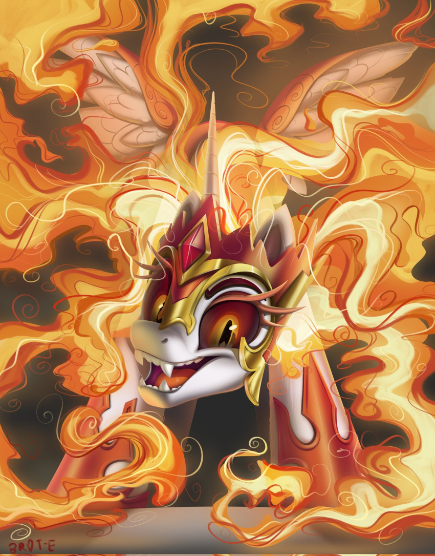 2022 armor brdte clothing crown daybreaker_(mlp) digital_media_(artwork) equid equine eyelashes feathered_wings feathers female feral fire flaming_hair footwear friendship_is_magic gem hasbro hi_res horn mammal my_little_pony pseudo_hair red_sclera sharp_teeth shoes smile solo teeth white_body white_feathers winged_unicorn wings yellow_eyes