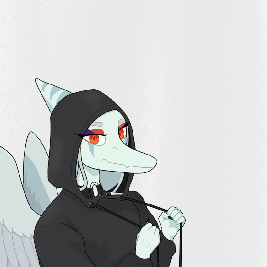 animated anthro clothed clothing dinosaur doomed_predator fang_(gvh) feathered_wings feathers female goodbye_volcano_high hi_res hoodie humor long_snout looking_at_viewer makeup orange_eyes pterodactylus pterosaur reptile scalie simple_background snoot_game_(fan_game) snout solo tongue tongue_out topwear video_games white_background wings