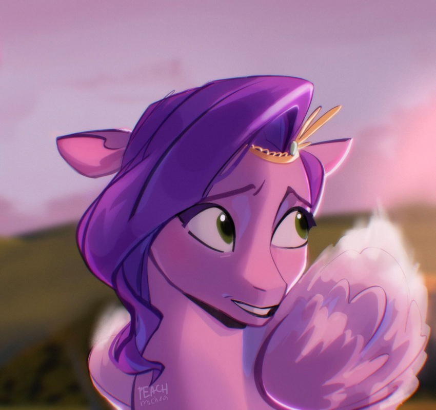 crown detailed_background digital_media_(artwork) equid equine eyebrows eyelashes feathered_wings feathers female feral green_eyes hasbro hi_res mammal mlp_g5 my_little_pony peachmichea pegasus pink_body pink_feathers pipp_petals_(mlp) signature smile solo wings