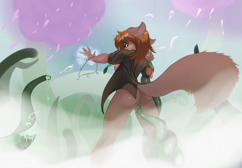 5_fingers abstract_background ambiguous_fluids anthro arm_grab askart bottomless bottomless_female breasts brown_body brown_eyes brown_fur brown_hair butt canid canine canis clothed clothing crystal ears_back exposed_breasts female fight fingers fog fur green_tentacles hair hi_res imminent_rape jewelry long_tail looking_back low-angle_view magic magic_user mammal mostly_nude natani necklace necktie nipples open_clothing open_shirt open_topwear pivoted_ears raised_arm rear_view shirt side_boob solo spread_legs spreading standing tentacles tentacles_everywhere topwear trans_(lore) trans_man_(lore) twokinds webcomic wolf