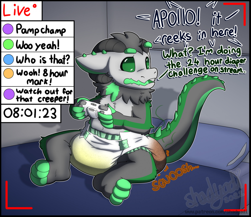 2022 anthro apollo_(shadyadi1) bed bedroom bodily_fluids challenge controller dialogue diaper diaper_fetish feces furniture game_controller gaming genital_fluids hi_res livestream male messing_diaper messy_diaper microsoft off_screen_character onomatopoeia pillow pooping raised_leg shaded shadyadi1 signature smelly soiled_diaper soiling soiling_diaper sound_effects stink_lines stream_chat streaming text timer urine url used_diaper video_games wet_diaper wetting wetting_diaper wickerbeast xbox xbox_360 xbox_game_studios