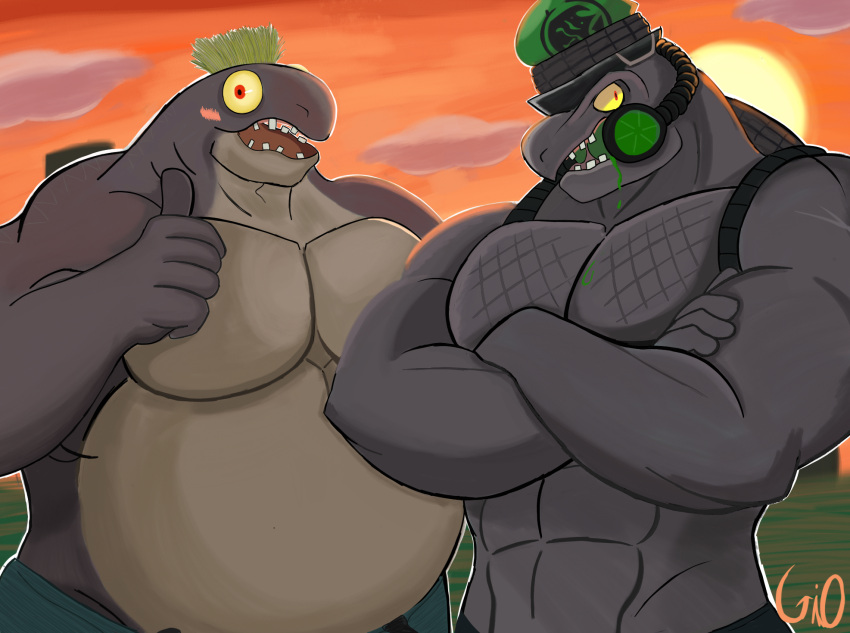 abs anthro big_shot_(splatoon) blush bodily_fluids clothing crossed_arms duo fish gesture gio-joe hi_res light looking_at_viewer male male/male marine musclegut muscular muscular_anthro muscular_male nintendo overalls pecs saliva salmon salmonid_(fish) salmonid_(splatoon) scar sea shaded splatoon splatoon_3 steelhead sun sunlight sunset thumbs_up underwear video_games water