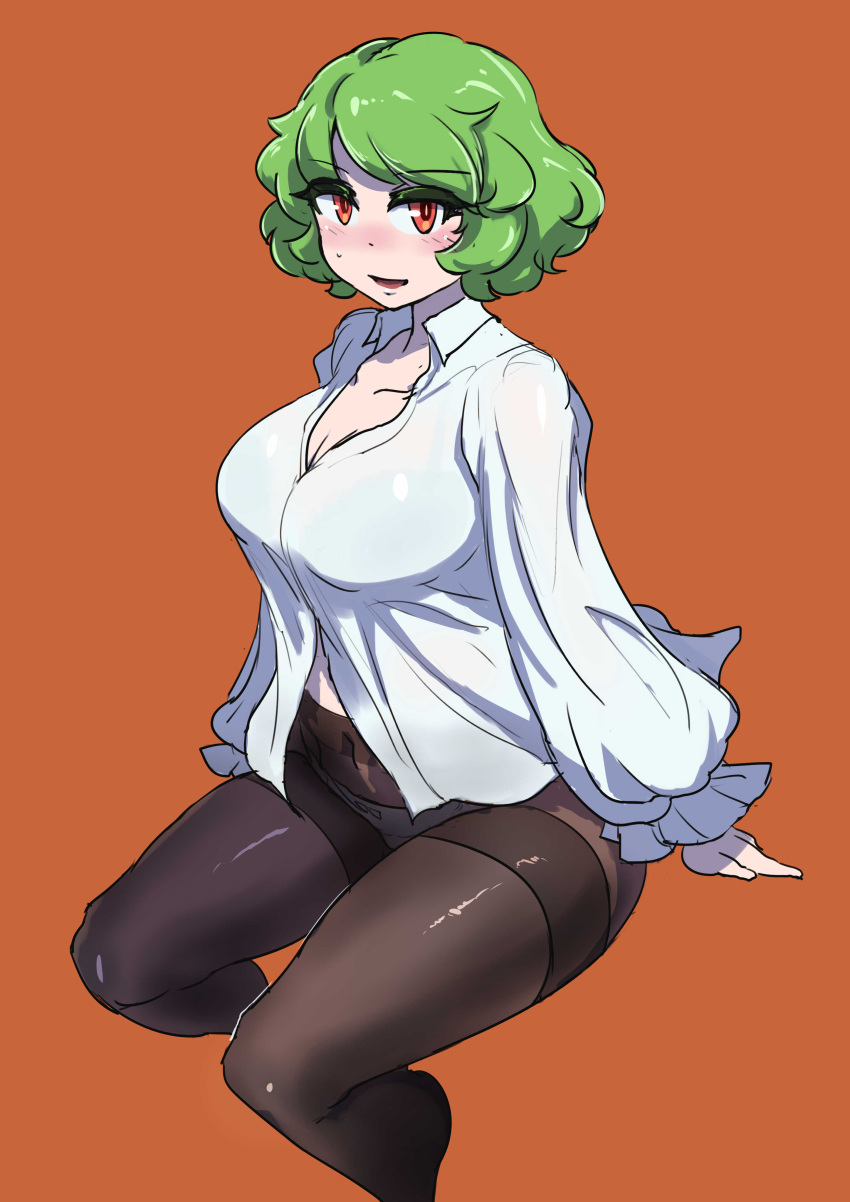 1girl :d absurdres black_panties black_pantyhose blush breasts brown_background cleavage collared_shirt covered_navel enajii full_body green_hair highres kazami_yuuka large_breasts long_sleeves looking_at_viewer navel open_mouth orange_eyes panties pantyhose shirt short_hair simple_background sitting smile solo sweatdrop touhou underwear white_shirt