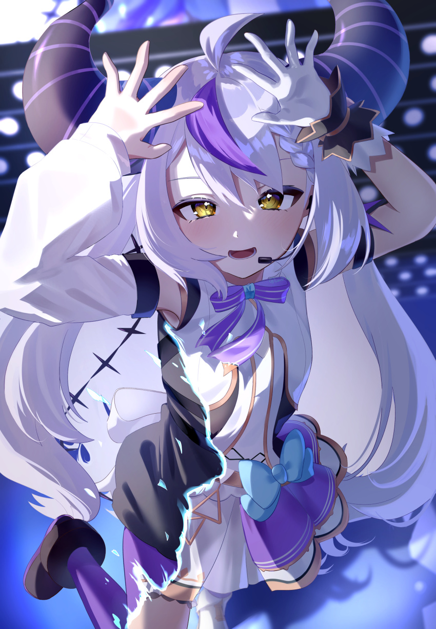 1girl :d absurdres ahoge braid detached_sleeves dress french_braid from_above gloves grey_hair headset highres hololive hololive_idol_uniform horns la+_darknesss long_hair looking_at_viewer lucy_(rusi-juren328) multicolored_hair open_mouth purple_hair single_glove smile solo streaked_hair transforming_clothes very_long_hair virtual_youtuber yellow_eyes