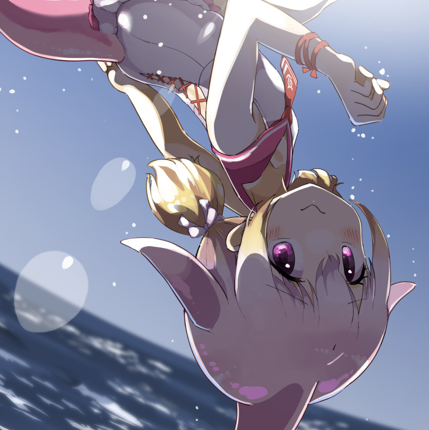 1girl absurdres bare_shoulders blonde_hair blush cetacean_tail chinese_white_dolphin_(kemono_friends) commentary_request dolphin_girl dorsal_fin dress hair_tie highres iwa_(iwafish) japari_symbol kemono_friends midair multicolored_hair necktie ocean orange_hair pink_eyes pink_hair red_necktie sailor_collar sailor_dress short_twintails sleeveless solo twintails upside-down white_dress