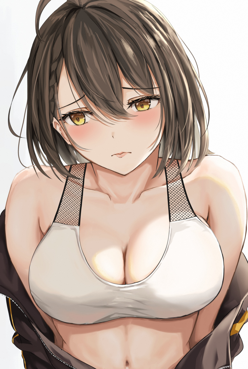 1girl ahoge azur_lane baltimore_(azur_lane) baltimore_(black_ace)_(azur_lane) bangs bare_shoulders black_jacket blush braid breasts brown_hair choker cleavage closed_mouth collarbone commentary_request french_braid hair_between_eyes highres jacket large_breasts looking_away midriff navel off_shoulder official_alternate_costume partial_commentary sherlock_hime short_hair sidelocks simple_background solo sports_bra sportswear standing upper_body white_background white_sports_bra yellow_eyes