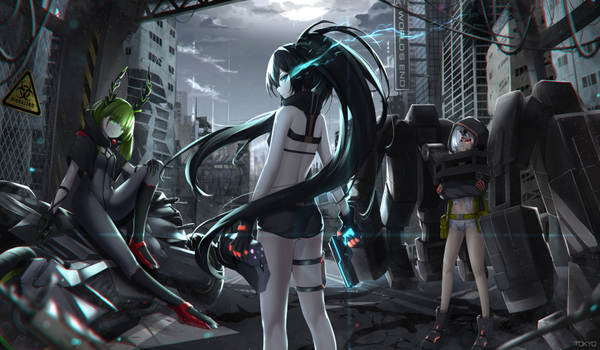 3girls ass bangs bikini bikini_top_only black_bikini black_footwear black_gloves black_hair black_jacket black_rock_shooter:_dawn_fall black_rock_shooter_(character) black_shorts blue_eyes blue_fire blunt_bangs bodysuit boots crossed_arms dead_master fire flaming_eye floating_hair gloves green_eyes green_hair grey_bodysuit grey_shorts grey_sky gun hair_over_one_eye hand_on_own_knee handgun highres holding holding_gun holding_weapon holster hood hood_up hooded_jacket horns jacket knee_boots long_hair long_sleeves looking_at_viewer looking_back midriff multiple_girls navel open_clothes open_jacket outdoors red_eyes short_shorts shorts shoulder_blades sitting standing stomach strength_(black_rock_shooter) swimsuit thigh_holster tokyo_(1421) torn_clothes torn_shorts very_long_hair weapon white_hair