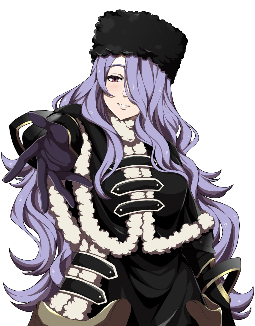 1girl absurdres black_gloves camilla_(fire_emblem) fire_emblem fire_emblem_fates gloves hair_over_one_eye highres long_hair looking_at_viewer purple_eyes purple_hair reaching_towards_viewer smile solo teeth very_long_hair villager_c wavy_hair