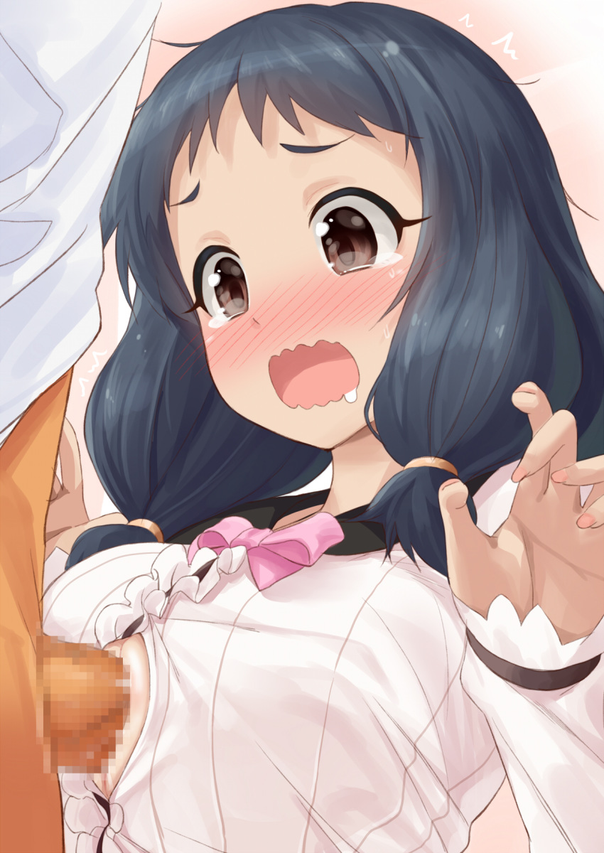 1boy 1girl bangs black_hair blush bow breasts brown_eyes censored center_frills clothed_paizuri commentary_request fingernails hands_up hetero highres idolmaster idolmaster_cinderella_girls large_breasts long_hair long_sleeves low_twintails mosaic_censoring oonuma_kurumi open_mouth paizuri penis pink_bow shirt solo_focus tears twintails wavy_mouth white_shirt yamaguchi_(shinigami-no-barad)