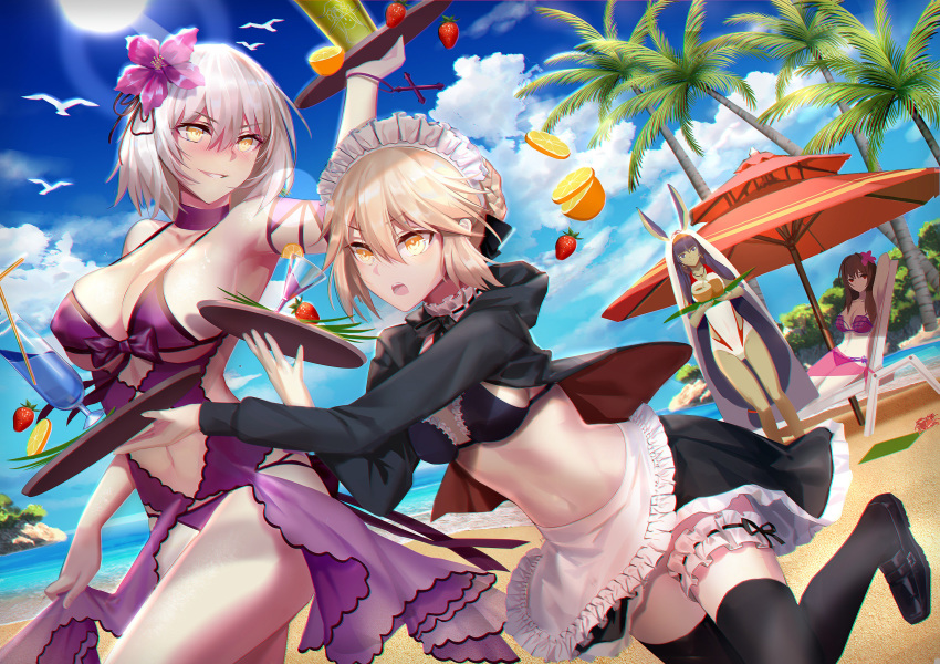 4girls absurdres apron artoria_pendragon_(all) beach beach_chair beach_umbrella bikini bird blonde_hair blush braid brown_hair cloud cloudy_sky cup drinking_glass drinking_straw eyebrows_visible_through_hair fate_(series) flower food frills fruit hair_between_eyes hair_flower hair_ornament highres jeanne_d'arc_(fate)_(all) long_hair long_sleeves maid_apron maid_headdress multiple_girls open_mouth orange palm_tree pink_swimsuit red_eyes shoes short_hair sky smile socks strawberry sun swimsuit tray tree umbrella white_hair yellow_eyes zjsstc