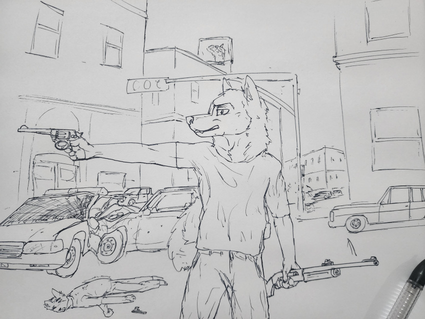 absurd_res alaskan_malamute anthro canid canine canis car crashing domestic_dog gun handgun hi_res holding_object holding_weapon male mammal nordic_sled_dog police_car ranged_weapon revolver shots solo spitz streets traditional_sketch vehicle weapon wolfyalex96