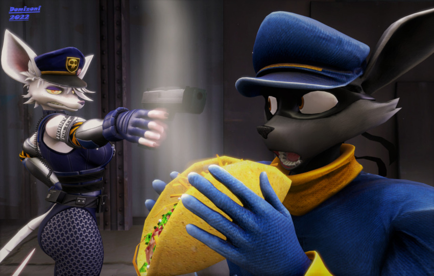3d_(artwork) annoyed anthro clothed clothing digital_media_(artwork) domizoni duo female food gloves gun handgun handwear hat headgear headwear male mammal mask murid murine officer_flint_(foretbwat) pistol procyonid raccoon ranged_weapon rat rodent sly_cooper sly_cooper_(series) sony_corporation sony_interactive_entertainment source_filmmaker steaming sucker_punch_productions taco video_games weapon