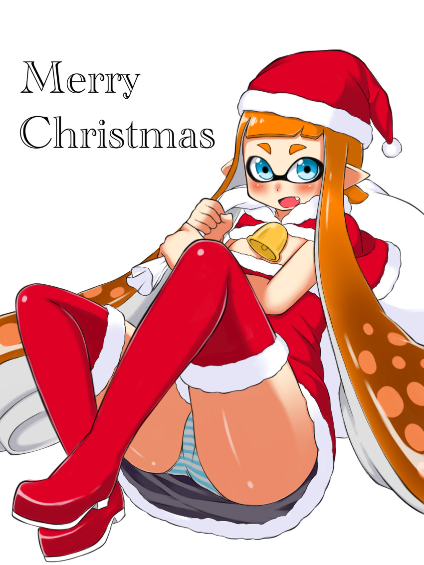 1girl bangs bell blue_eyes blue_panties blunt_bangs blush boots capelet christmas commentary dress english_text fang floating fur-trimmed_capelet fur-trimmed_dress fur_trim hat highres holding holding_sack inkling inkling_girl long_hair looking_at_viewer merry_christmas neck_bell open_mouth orange_hair over_shoulder panties pantyshot penguin_maru_(penginmaru) pointy_ears red_capelet red_dress red_footwear sack santa_boots santa_dress santa_hat short_dress simple_background smile solo splatoon_(series) strapless strapless_dress striped striped_panties thigh_boots underwear very_long_hair white_background