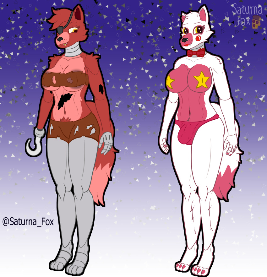 absurd_res animatronic anthro big_breasts bottomwear bow_tie breasts bulge canid canine clothed clothing covered_breasts crossgender digital_media_(artwork) duo female five_nights_at_freddy's five_nights_at_freddy's_2 fox foxy_(fnaf) fur gold_(metal) gold_tooth gynomorph hair hi_res hook_hand intersex looking_at_viewer machine mammal mangle_(fnaf) robot saturnafox scottgames simple_background smile solo standing topwear video_games white_body yellow_eyes