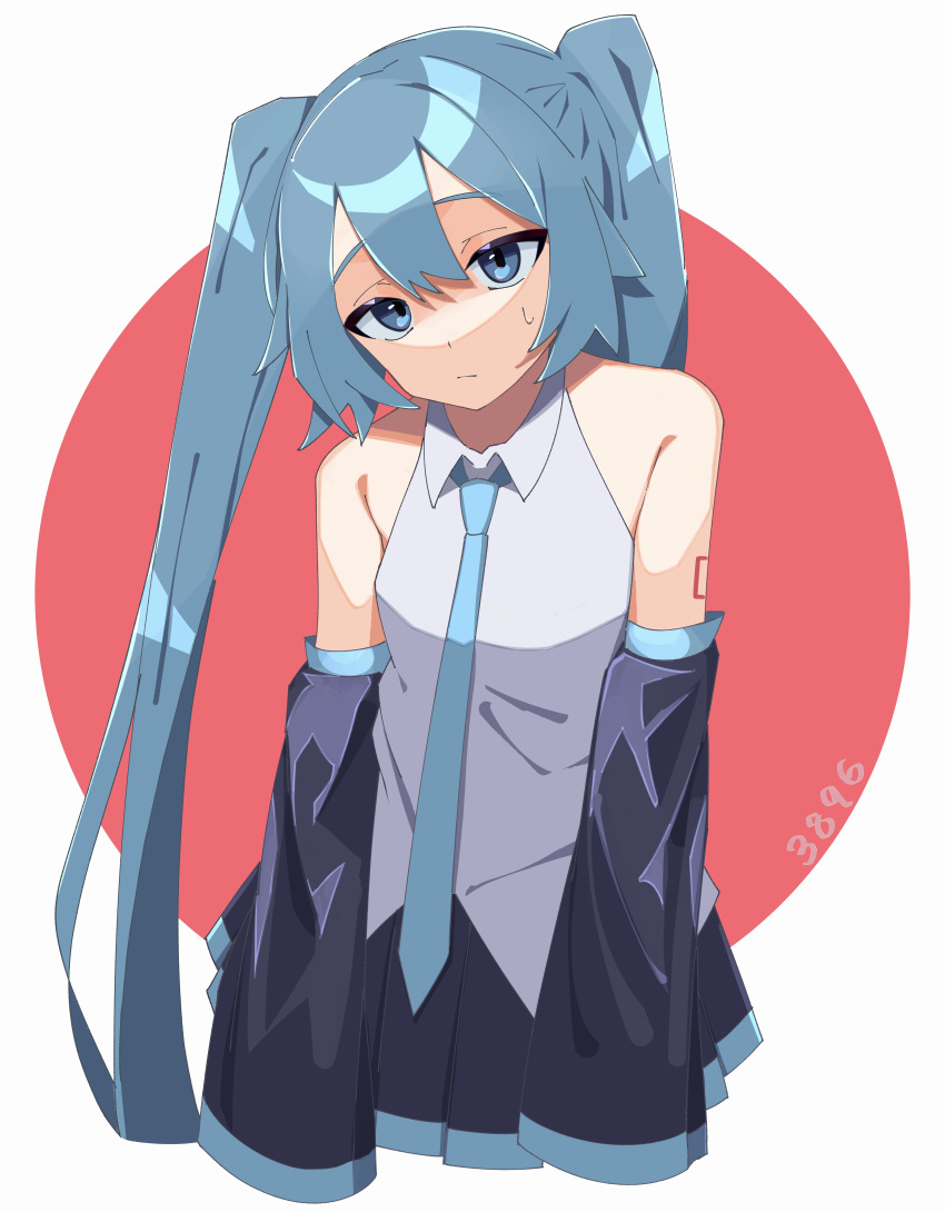 1girl absurdres bangs blue_eyes blue_hair collared_shirt detached_sleeves frown hatsune_miku head_tilt highres long_hair long_sleeves looking_at_viewer myakuro necktie pleated_skirt shaded_face shirt skirt sleeveless sleeveless_shirt solo sweat twintails very_long_hair vocaloid