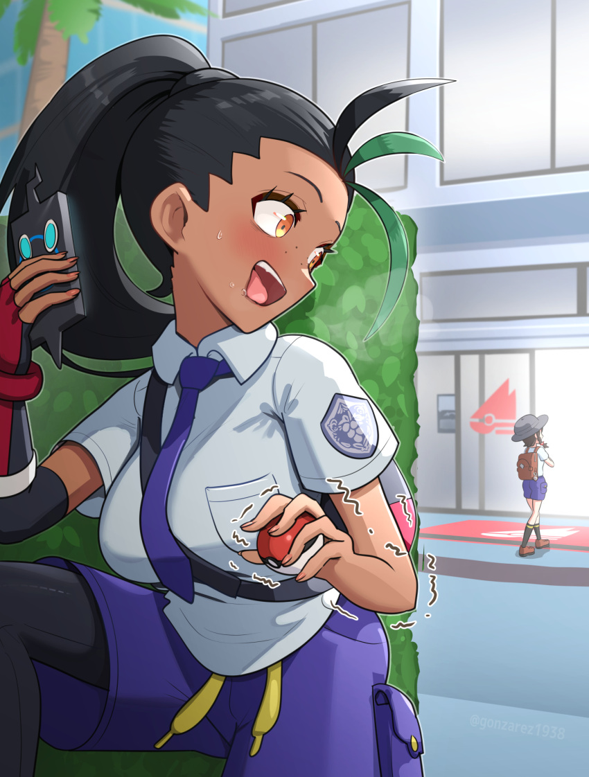 2girls backpack bag black_hair black_pantyhose blush collared_shirt commentary_request day eyelashes fingerless_gloves freckles gloves gonzarez green_hair hedge highres holding holding_phone holding_poke_ball juliana_(pokemon) long_hair multicolored_hair multiple_girls necktie nemona_(pokemon) one_knee open_mouth orange_eyes outdoors pantyhose phone poke_ball poke_ball_(basic) pokemon pokemon_(game) pokemon_sv ponytail purple_necktie purple_shorts red_gloves rotom rotom_phone shirt shorts single_glove stalking streaked_hair sweat teeth tongue trembling two-tone_hair upper_teeth