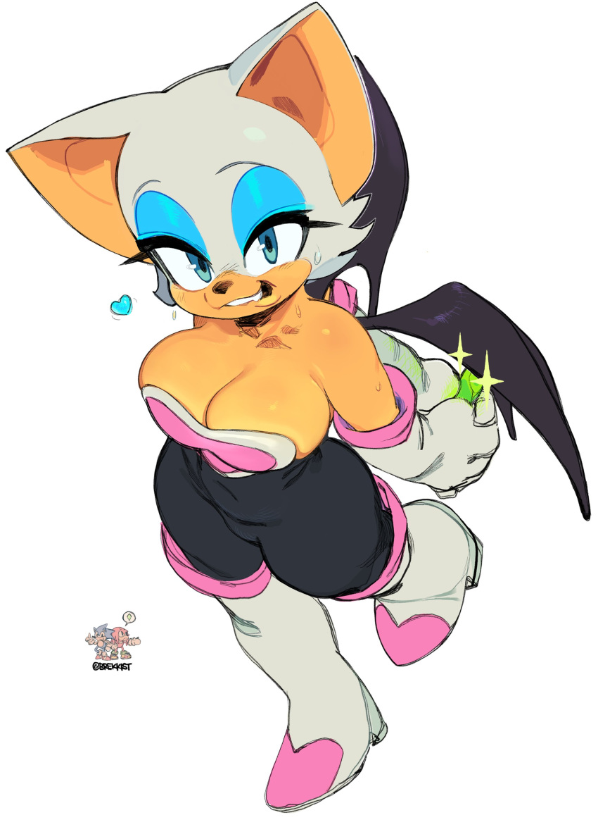 absurd_res anthro big_breasts bodily_fluids breasts brekkist chiropteran cleavage clothed clothing female gem hi_res looking_at_viewer mammal rouge_the_bat sega solo sonic_the_hedgehog_(series) sweat