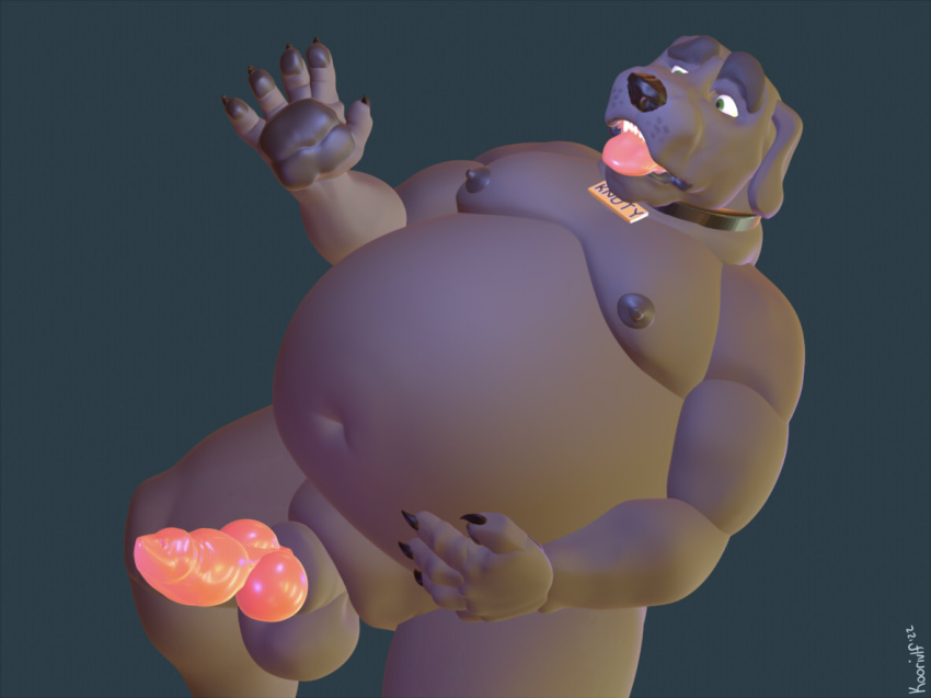 3d_(artwork) after_transformation animal_genitalia animal_penis anthro balls belly black_nose canid canine canine_penis canis chubby_anthro chubby_male collar dark_grey_fur digital_media_(artwork) domestic_dog english_text genitals handpaw knot knoty_dog_(koorivlf) male mammal navel nipples nude open_mouth overweight pawpads paws penis red_penis sheath signature simple_background teeth text tongue