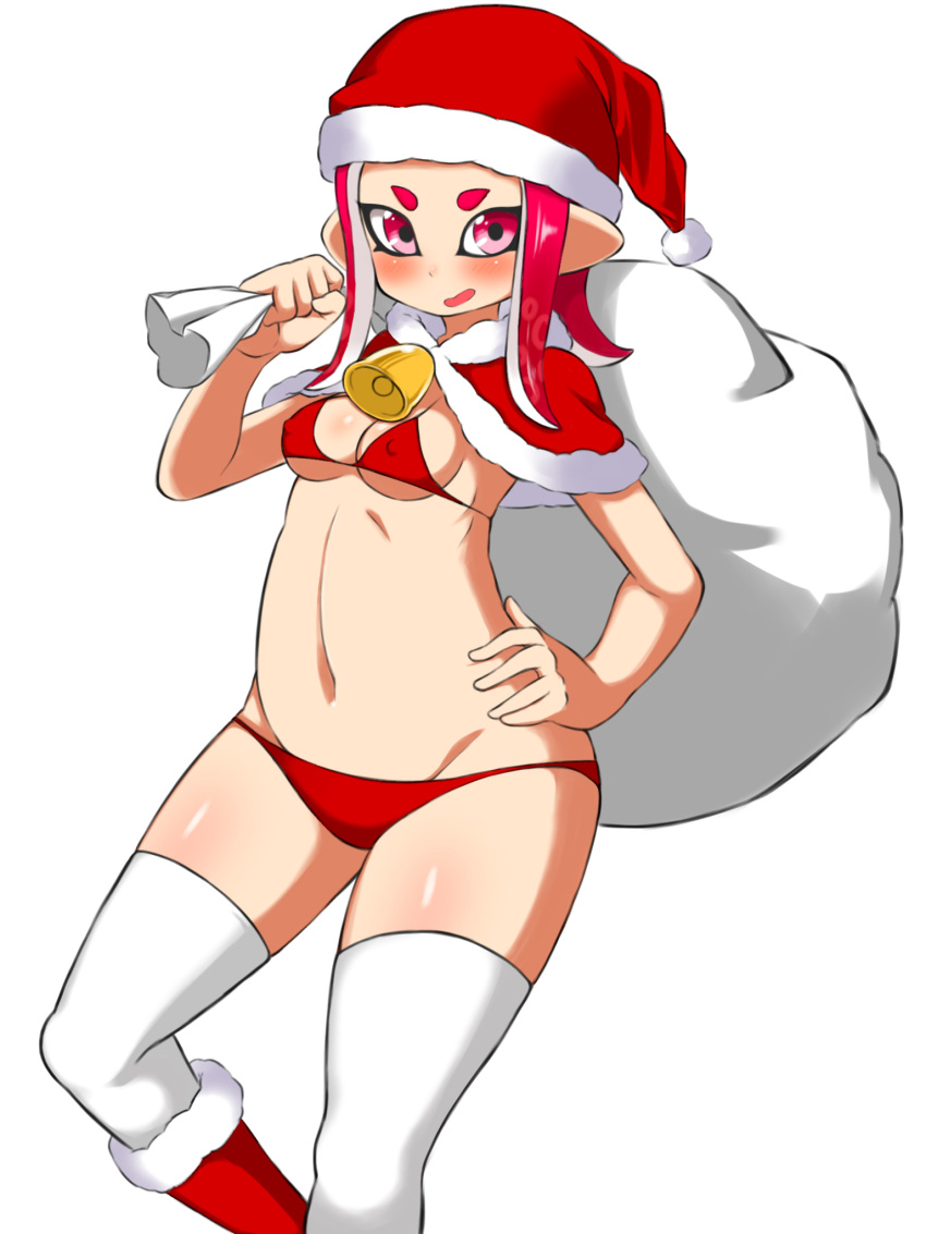 1girl bell bikini blush boots breasts capelet christmas commentary covered_nipples fur-trimmed_capelet fur_trim groin hand_on_hip hat highres holding holding_sack looking_at_viewer medium_hair navel neck_bell octoling octoling_girl open_mouth over_shoulder penguin_maru_(penginmaru) red_bikini red_capelet red_eyes red_footwear red_hair red_headwear sack santa_boots santa_hat simple_background small_breasts smile solo splatoon_(series) standing swimsuit tentacle_hair thighhighs white_background white_thighhighs