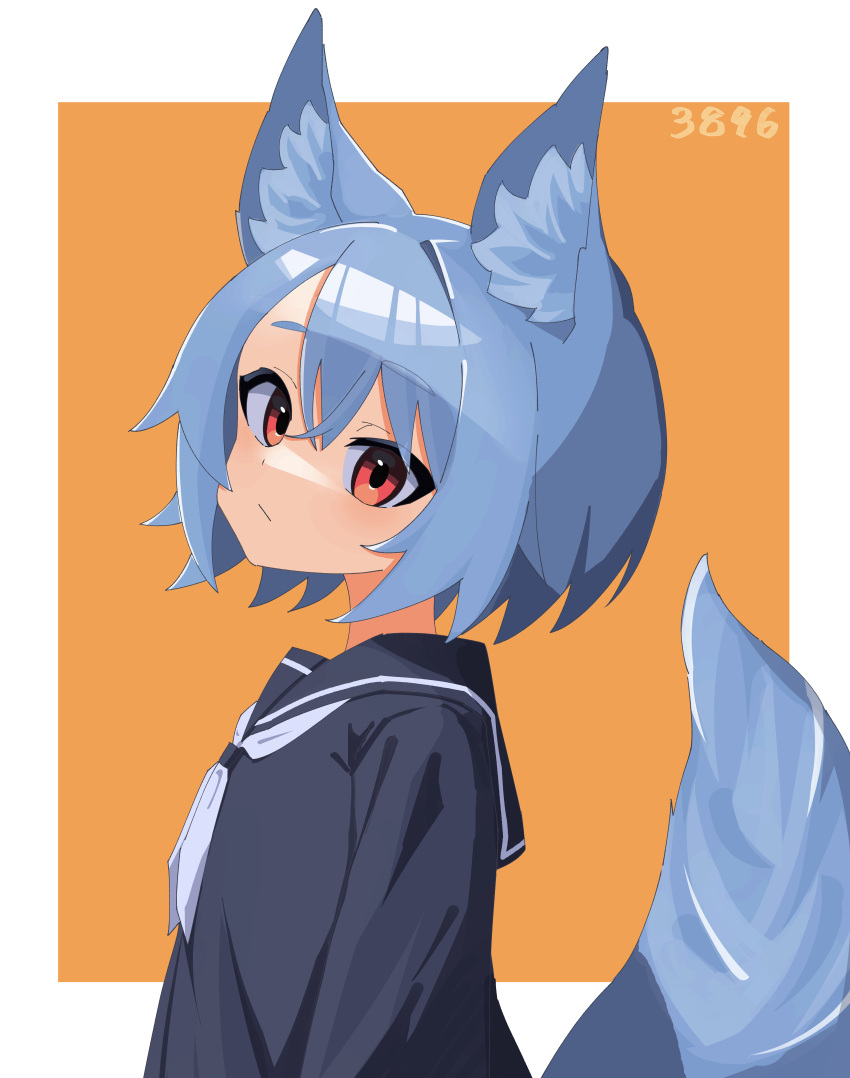 1girl absurdres animal_ear_fluff animal_ears bangs blue_hair blush fox_ears fox_girl fox_tail highres long_sleeves looking_at_viewer myakuro neckerchief original red_eyes school_uniform serafuku short_hair solo tail upper_body