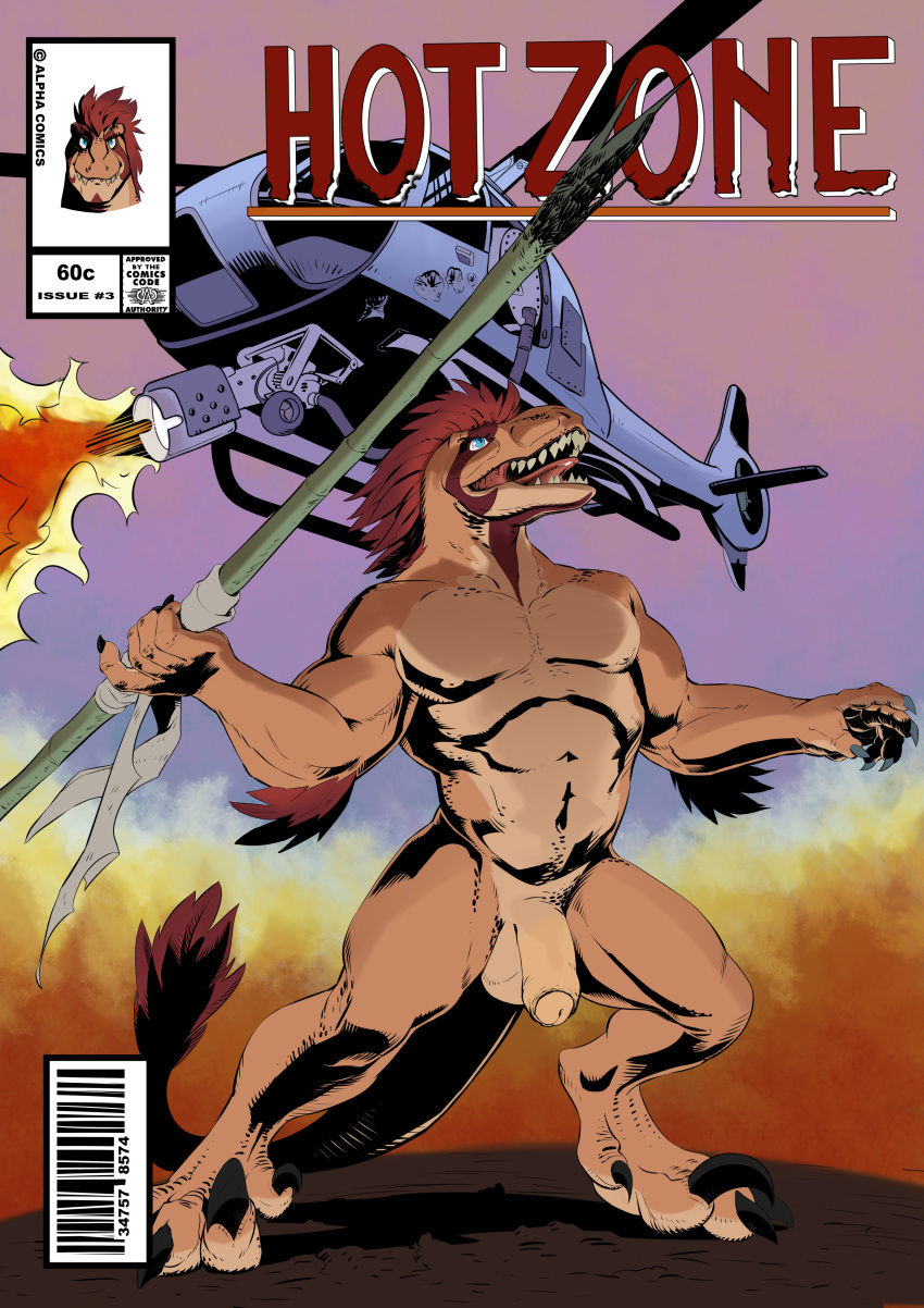80's_theme absurd_res action_scene action_shot aircraft alpha0 anthro claws comic cover cover_art cover_page dinosaur dromaeosaurid fire helicopter heroic_nudity heroic_pose hi_res male max(summontheelectorcounts) max_(disambiguation) melee_weapon polearm pupils reptile retro scalie slit_pupils solo spear synthwave talons theropod velociraptor weapon
