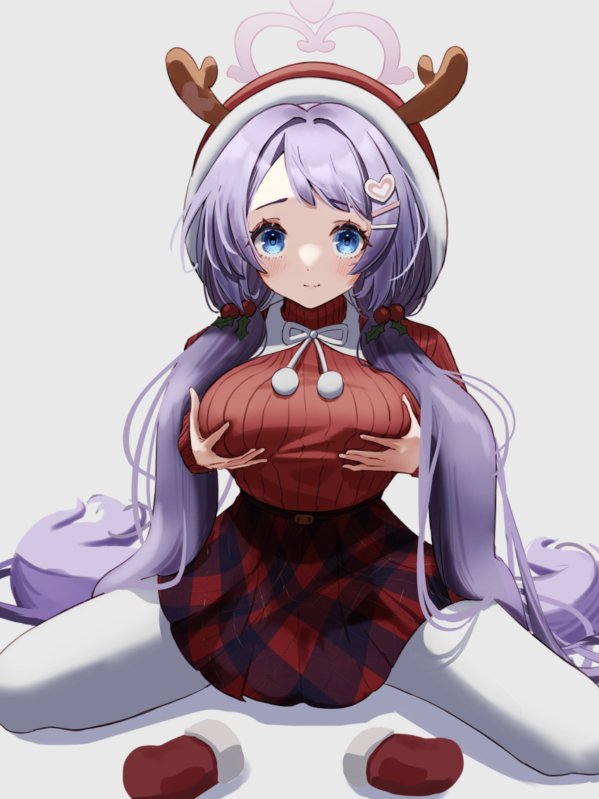 1girl absurdres antlers blue_archive blue_eyes breast_lift breasts hair_ornament halo hanae_(blue_archive) hanae_(christmas)_(blue_archive) heart heart_hair_ornament highres holly_hair_ornament hood komakomapanic large_breasts long_hair miniskirt mittens_removed pantyhose plaid plaid_skirt pom_pom_(clothes) purple_hair red_sweater skirt smile solo sweater turtleneck turtleneck_sweater very_long_hair white_pantyhose