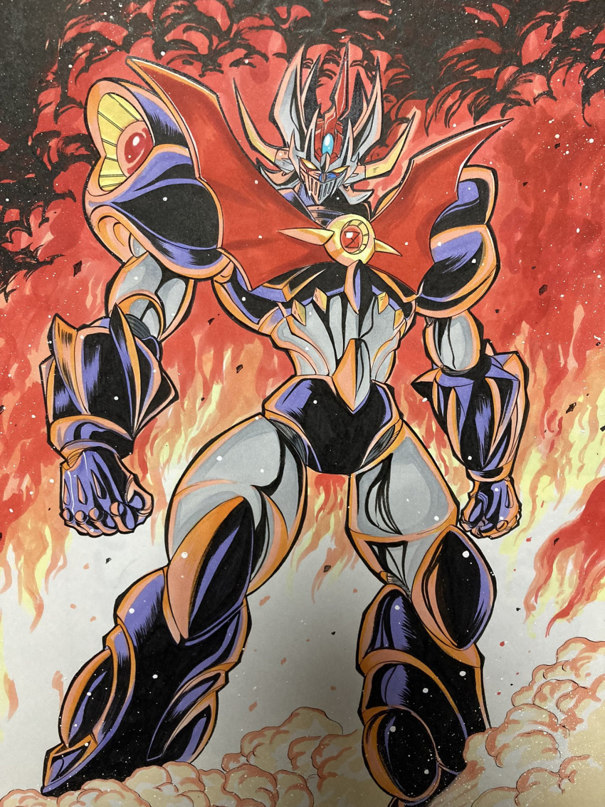 clenched_hands fire head_tilt highres looking_at_viewer mazinger_(series) mazinkaiser mazinkaiser_(robot) mecha no_humans robot science_fiction solo standing super_robot tsushima_naoto