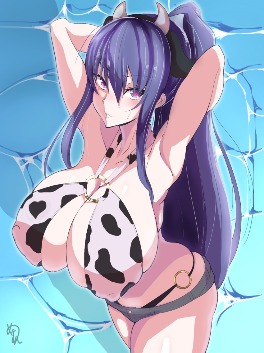 1girl akiyama_rinko animal_ears animal_print armpits arms_behind_head bangs bikini blue_hair blush breasts cleavage covered_nipples cow_ears cow_horns cow_print highres horns long_hair men_teru micro_shorts nipples o-ring o-ring_bikini ponytail purple_eyes shorts signature smile solo swimsuit taimanin_(series) taimanin_rpgx taimanin_yukikaze very_long_hair water