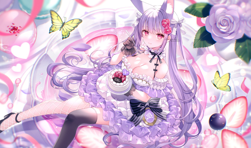 1girl animal_ears bangs bare_shoulders black_footwear black_thighhighs blush bow breasts bug butterfly cake choker cleavage closed_mouth dress eyebrows_hidden_by_hair fishnet_thighhighs fishnets flower food foot_out_of_frame fork fruit gloves hair_bow hair_flower hair_ornament hair_ribbon high_heels highres holding holding_fork large_breasts long_hair looking_at_viewer original purple_hair red_eyes ribbon rose single_fishnet_legwear sitting smile solo strawberry thighhighs twintails wasabi_(sekai)