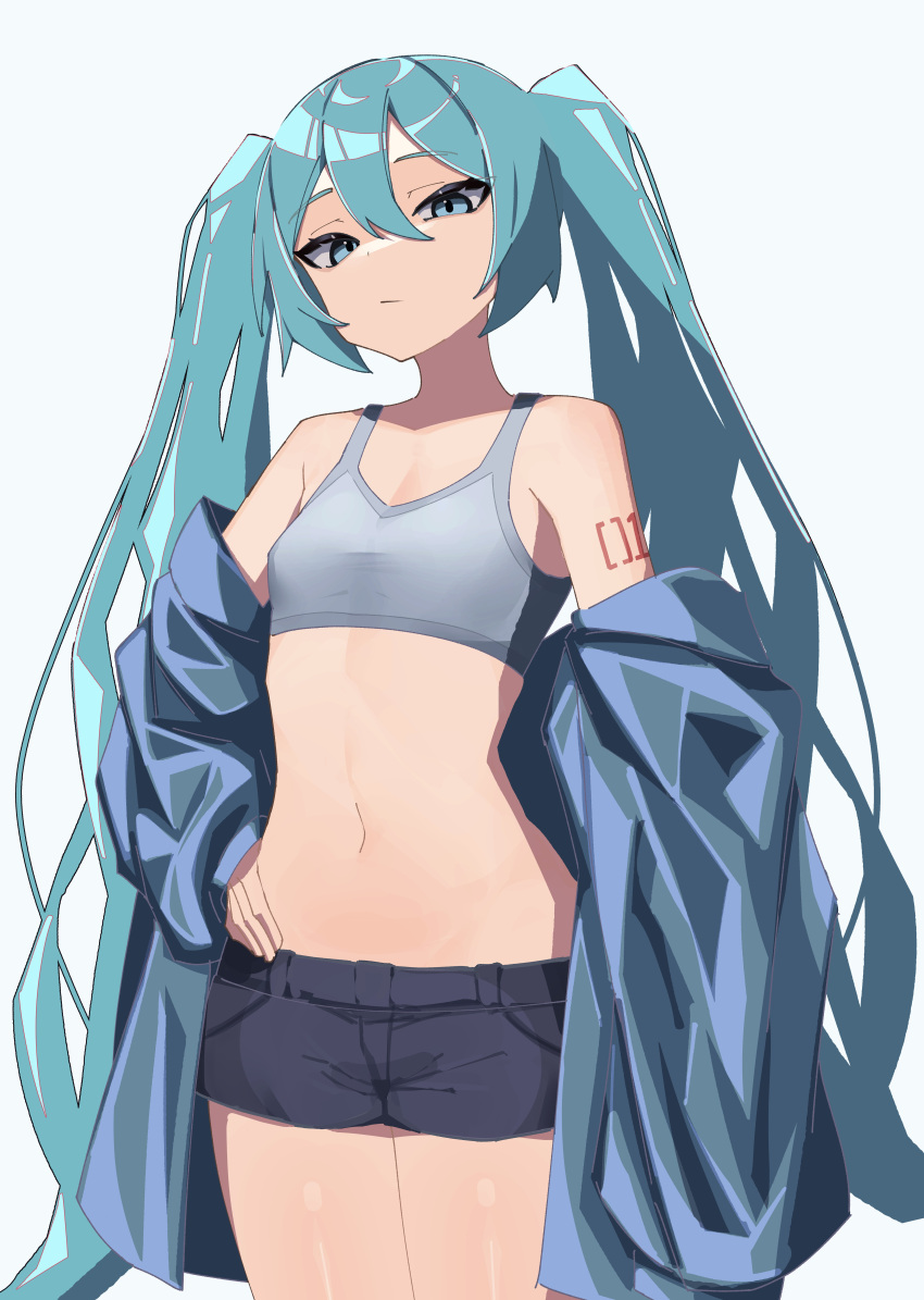 1girl absurdres bangs blue_eyes blue_hair hand_on_hip hatsune_miku head_tilt highres jacket long_hair looking_at_viewer myakuro navel off_shoulder shorts sports_bra twitter_username very_long_hair vocaloid