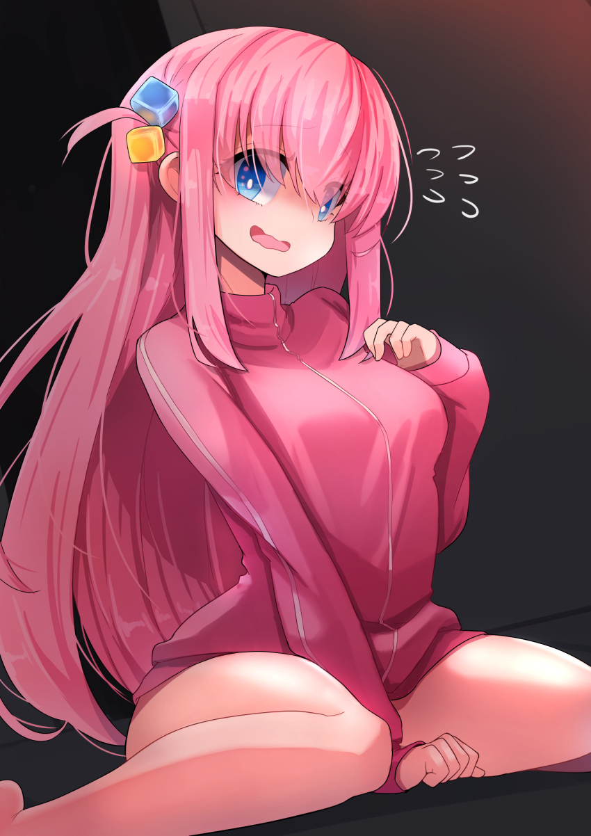 1girl arm_between_legs bangs blue_eyes blush bocchi_the_rock! bottomless breasts cube_hair_ornament flying_sweatdrops gotou_hitori hair_ornament hand_on_own_chest highres jacket large_breasts long_hair long_sleeves looking_at_viewer one_side_up open_mouth pink_hair pon_(shind_997) sitting smile solo track_jacket very_long_hair wariza wavy_mouth