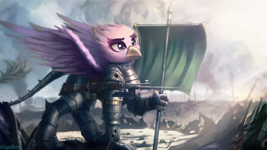 4_fingers adagiostring ambiguous_gender armor avian beak digital_media_(artwork) eyebrows fan_character feathered_wings feathers feral fingers gryphon gun hi_res holding_object mythological_avian mythology pink_body pink_feathers purple_eyes ranged_weapon rifle solo spread_wings warrior weapon wings yellow_beak