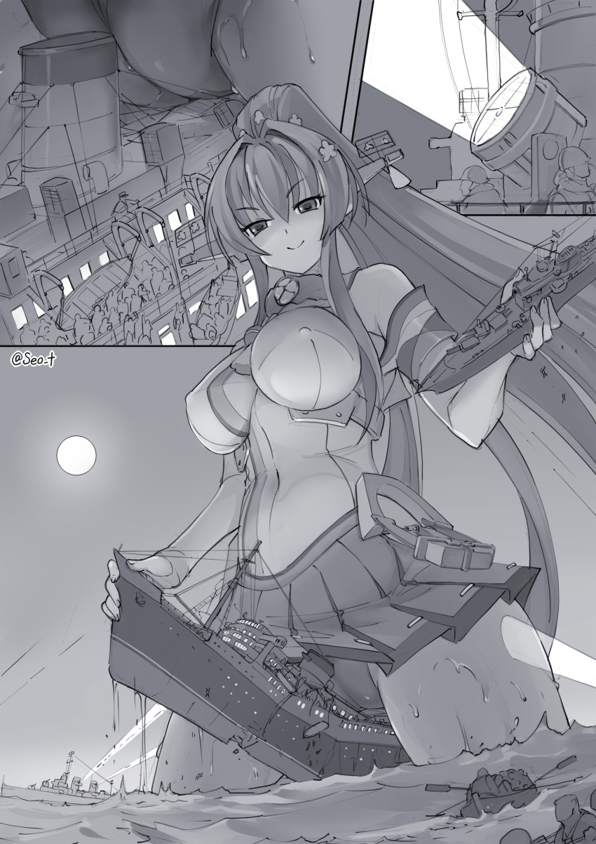 1girl 6+boys absurdres anchor black_panties breasts cameltoe collar commission destroyer destruction giant giantess hair_intakes hair_petal headgear heavy_cruiser helmet highres hip_vent kantai_collection large_breasts lifeboat long_hair metal_collar military military_vehicle monochrome multiple_boys multiple_views night oar panties passenger_ship pleated_skirt ponytail searchlight seo_tatsuya ship skeb_commission skirt smile smug solo_focus straddling suggestive_fluid underwear very_long_hair warship watercraft waves yamato_(kancolle)
