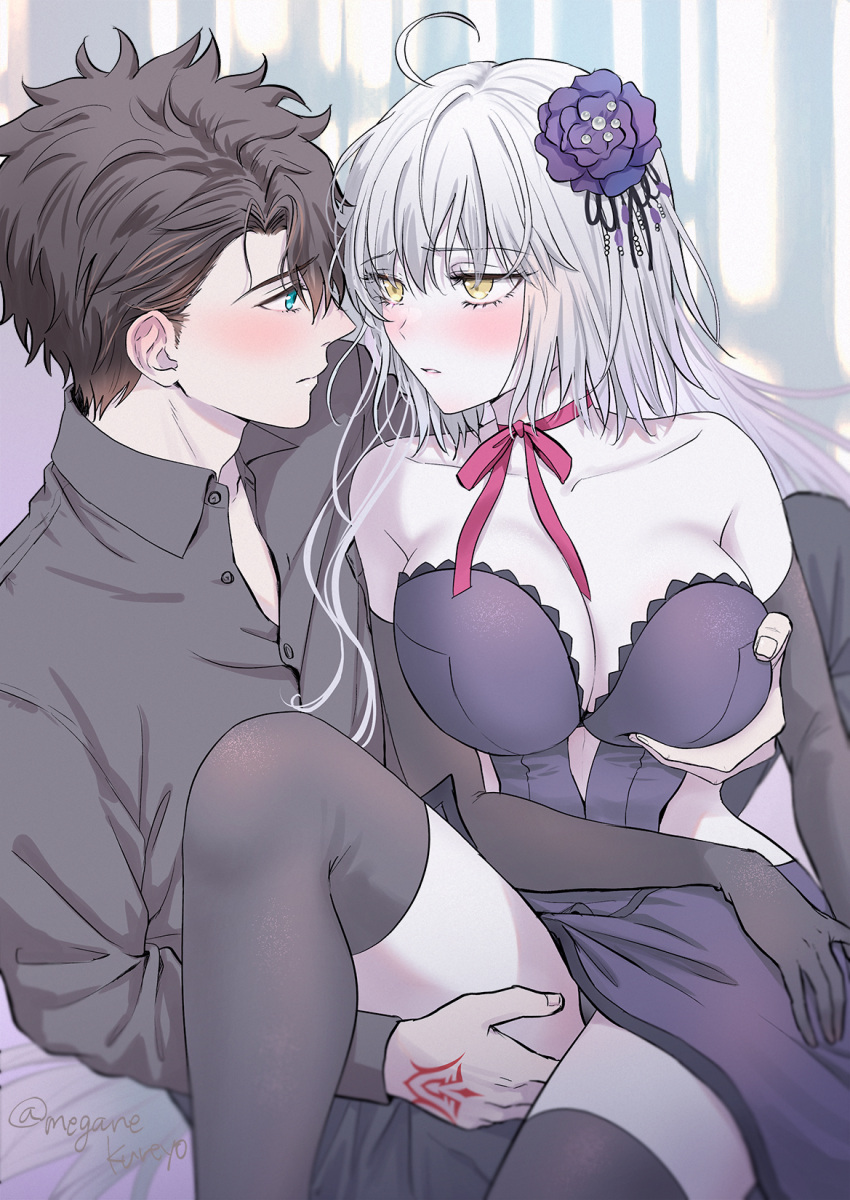 1boy 1girl ahoge alternate_costume bare_shoulders black_dress black_gloves black_hair black_pants black_shirt black_thighhighs blue_eyes breast_grab breasts cleavage commentary_request dress elbow_gloves fate/grand_order fate_(series) flower fujimaru_ritsuka_(male) gloves grabbing grey_hair hair_flower hair_ornament hand_on_another's_thigh hetero highres jeanne_d'arc_alter_(fate) large_breasts long_hair long_sleeves looking_at_another official_alternate_costume omizu_(omz) pants purple_flower purple_rose rose shirt short_hair sitting sitting_on_lap sitting_on_person strapless strapless_dress thighhighs twitter_username very_long_hair yellow_eyes