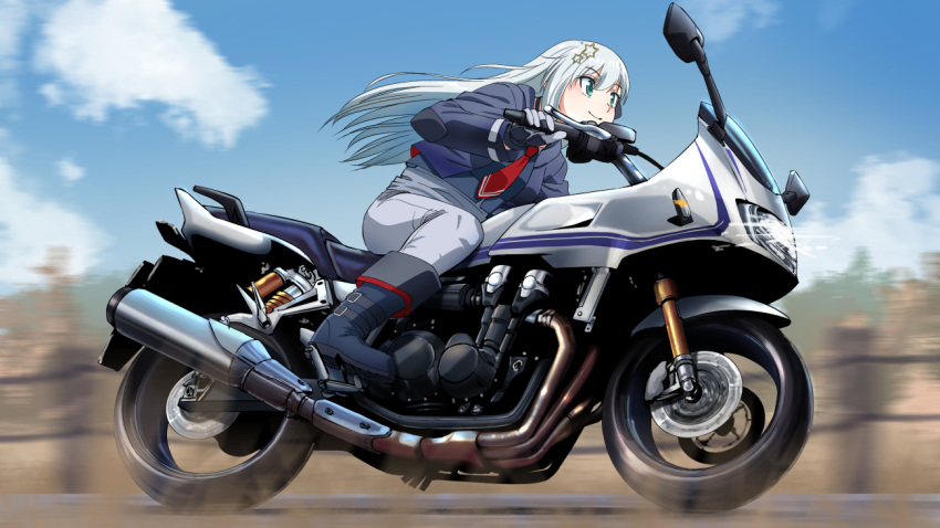 1girl belt_boots blue_footwear blurry blurry_background boots closed_mouth commission copyright_request driving from_side gloves green_eyes grey_gloves grey_hair grey_jacket grey_pants ground_vehicle hair_ornament ishii_hisao jacket motion_blur motor_vehicle motorcycle necktie pants red_necktie riding skeb_commission smile solo star_(symbol) star_hair_ornament