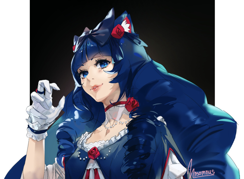 1girl animal_ears blue_eyes cat_ears chenna_kitty choker drill_hair flower gloves hair_flower hair_ornament hand_up indie_virtual_youtuber jewelry long_hair looking_at_viewer ornate_ring parted_lips red_choker red_flower red_rose ring rose signature smile solo unsomnus white_gloves