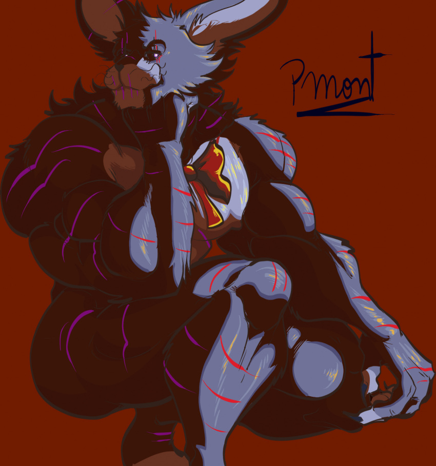 anthro bow_tie claws five_nights_at_freddy's five_nights_at_freddy's_4 fur hi_res intersex intersex/intersex lagomorph leporid male mammal muscular muscular_anthro muscular_male nightmare_bonnie_(fnaf) pinumontbalou rabbit scar scottgames sharp_claws solo video_games