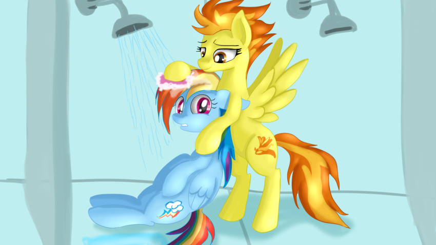 bathing duo equid equine female friendship_is_magic hasbro hi_res horse jbond mammal my_little_pony pegasus pony rainbow_dash_(mlp) shower shower_room showering spitfire_(mlp) wet wings wonderbolts_(mlp)