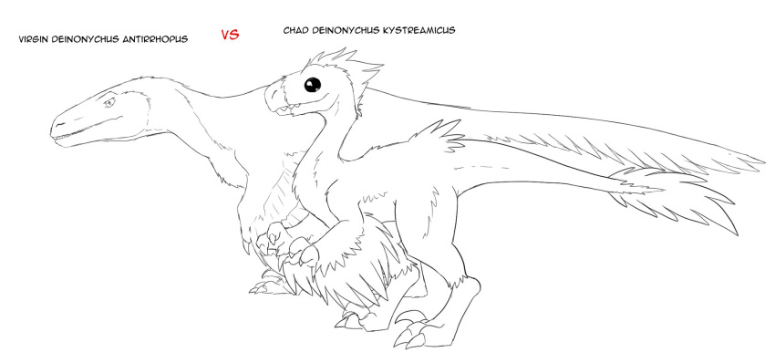 ambiguous_gender arm_feathers biped claws comparison deinonychus digitigrade dinosaur dromaeosaurid duo english_text fangs feathered_dinosaur feathers feral finger_claws hi_res kyrio line_art long_tail reptile scalie simple_background smile snout spot_color standing tail_tuft text theropod toe_claws tuft white_background