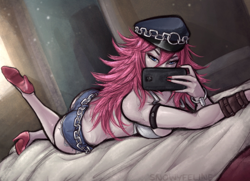 1girl armlet ass big_hair blue_eyes blue_headwear bracelet bracer breasts cellphone chain_belt covered_mouth cutoffs denim denim_shorts dutch_angle english_commentary fingernails foot_up hair_between_eyes hat high_heels highres holding holding_phone indoors jewelry large_breasts long_fingernails long_hair lying messy_hair nail_polish on_stomach peaked_cap phone pink_hair poison_(final_fight) red_footwear red_nails selfie shorts sideboob single_bracer smartphone snowyfeline solo street_fighter street_fighter_v tank_top the_pose thick_eyebrows white_tank_top