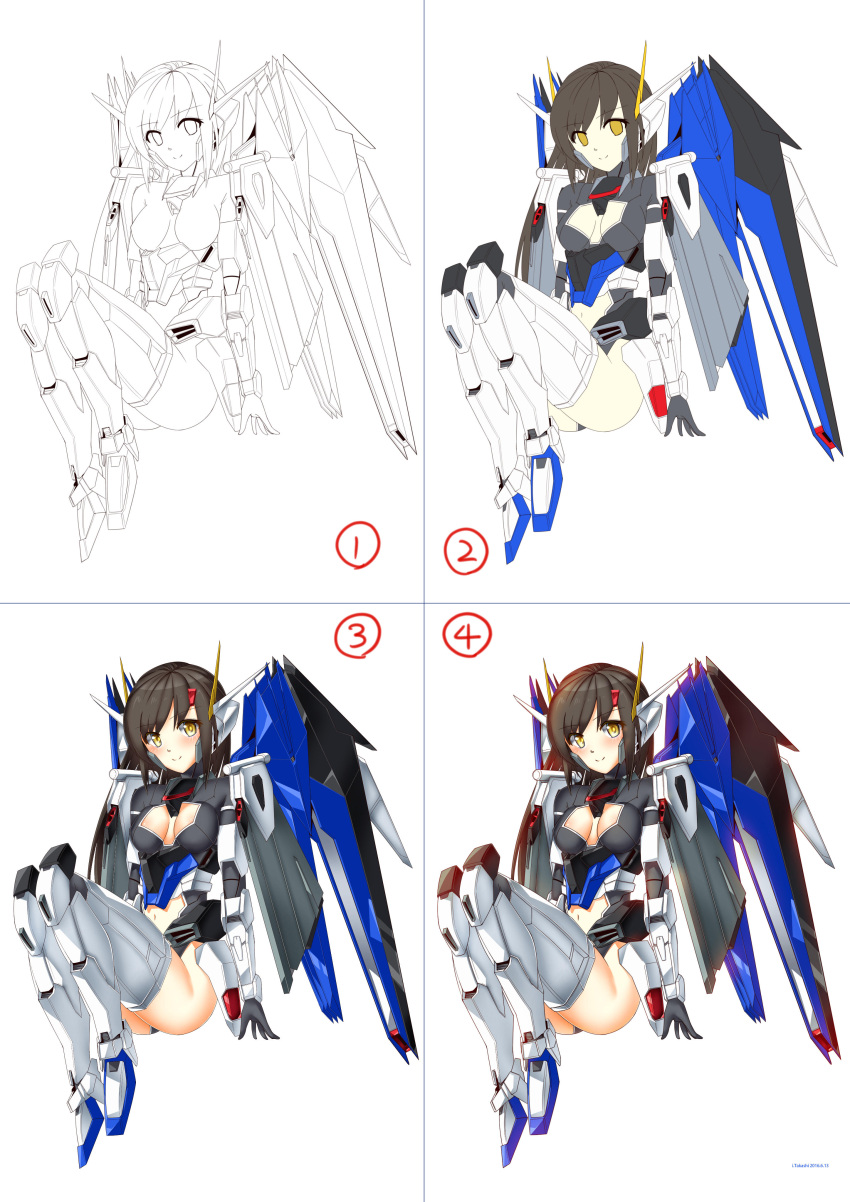 1girl absurdres bangs black_gloves black_hair blush boots breasts cleavage cleavage_cutout clothing_cutout freedom_gundam gloves gundam gundam_seed highres humanization i.takashi looking_at_viewer making-of mecha_musume mechanical_wings navel numbered_panels open_hand sitting smile stomach_cutout thigh_boots thighhighs wings yellow_eyes